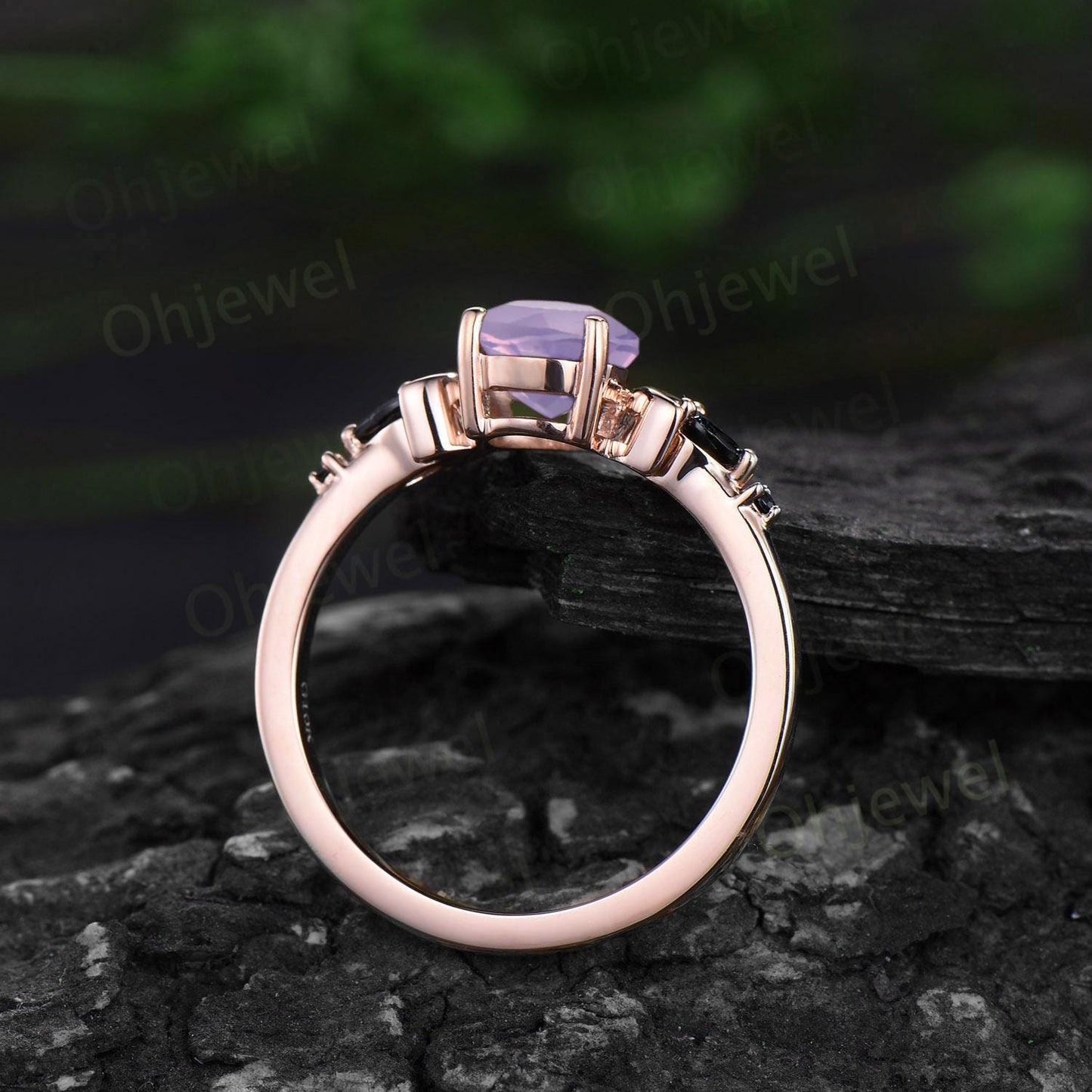 Oval cut Lavender Amethyst moon engagement ring vintage marquise black spinel 14k rose gold unique anniversary gift 925 sterling silver