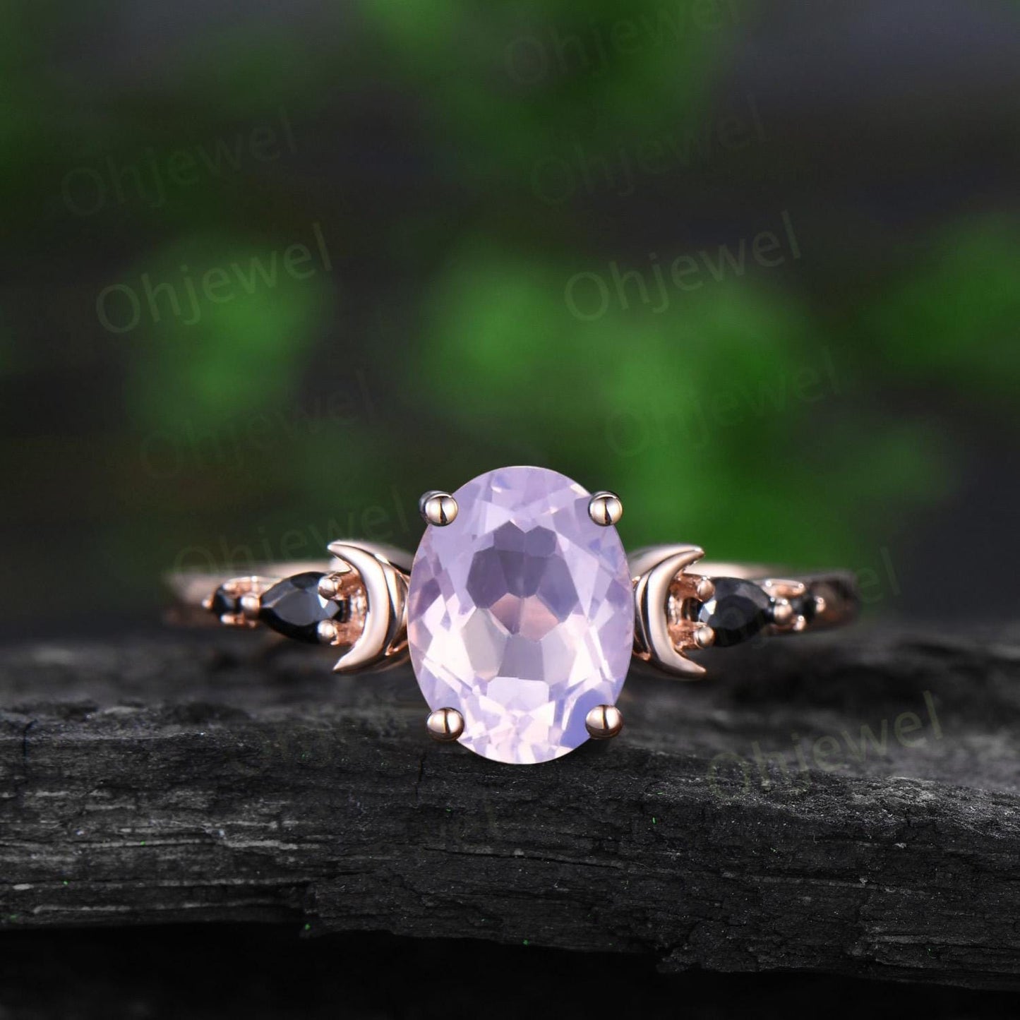Oval cut Lavender Amethyst moon engagement ring vintage marquise black spinel 14k rose gold unique anniversary gift 925 sterling silver