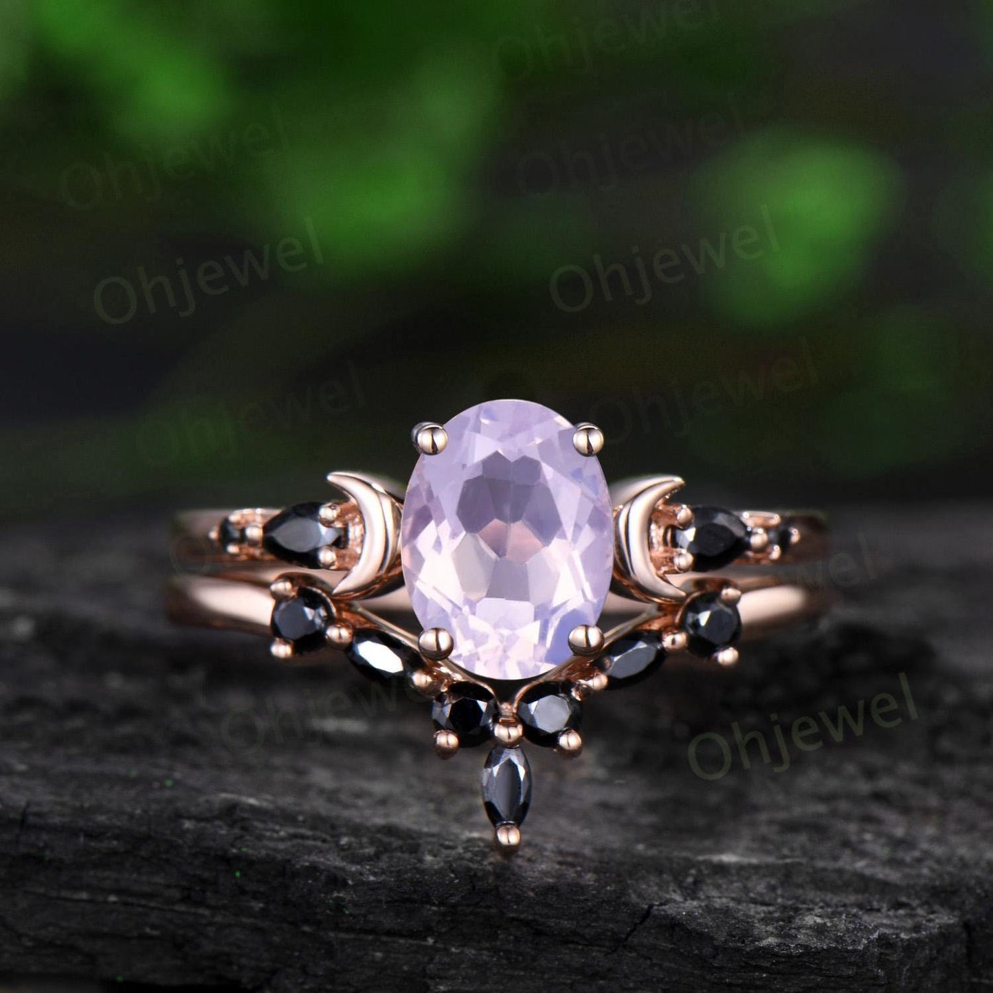 Oval cut Lavender Amethyst moon engagement ring vintage marquise black spinel 14k rose gold unique anniversary gift 925 sterling silver