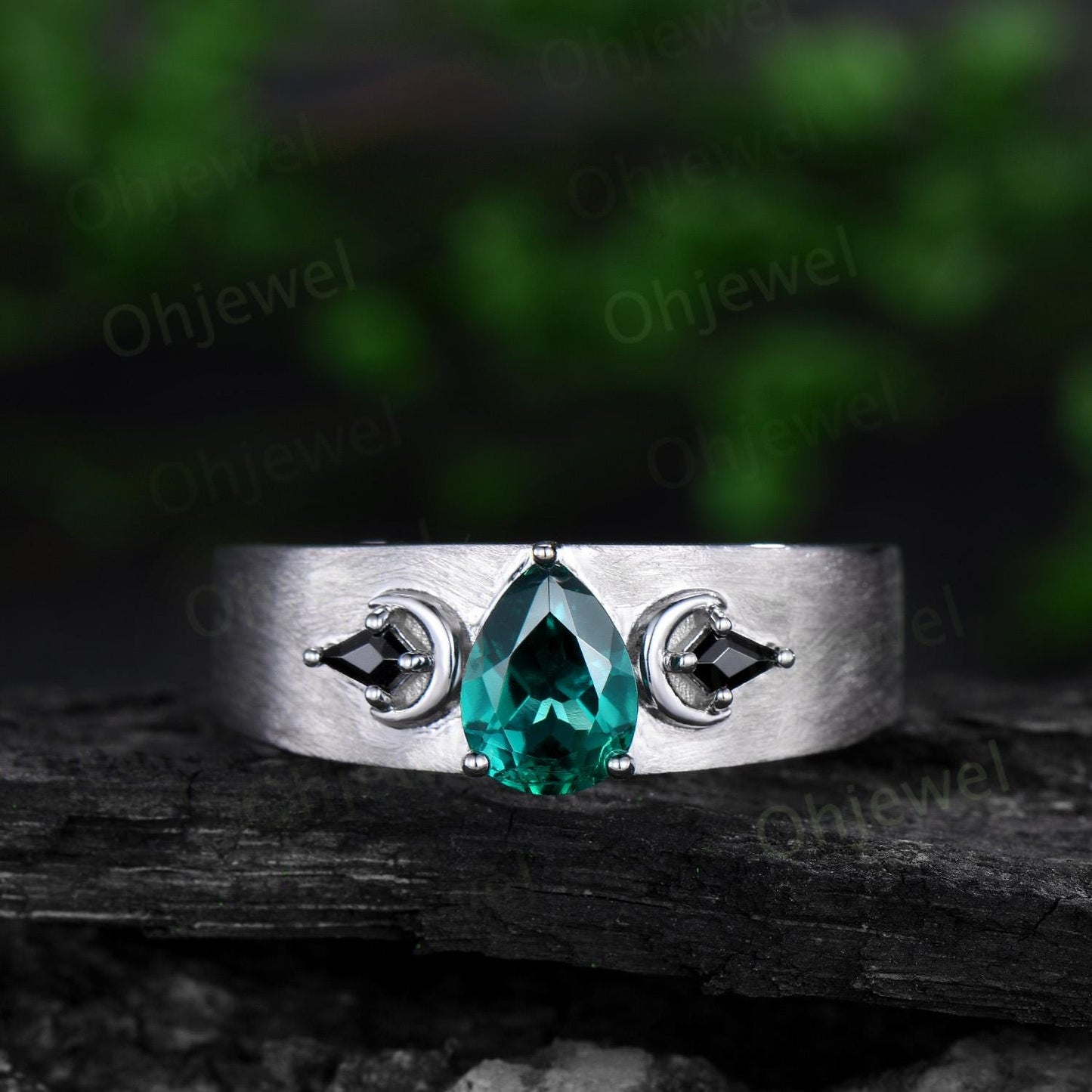 Pear emerald mens wedding band three stone moon kite black spinel mens wedding ring solid 14k white gold anniversary gift for husband