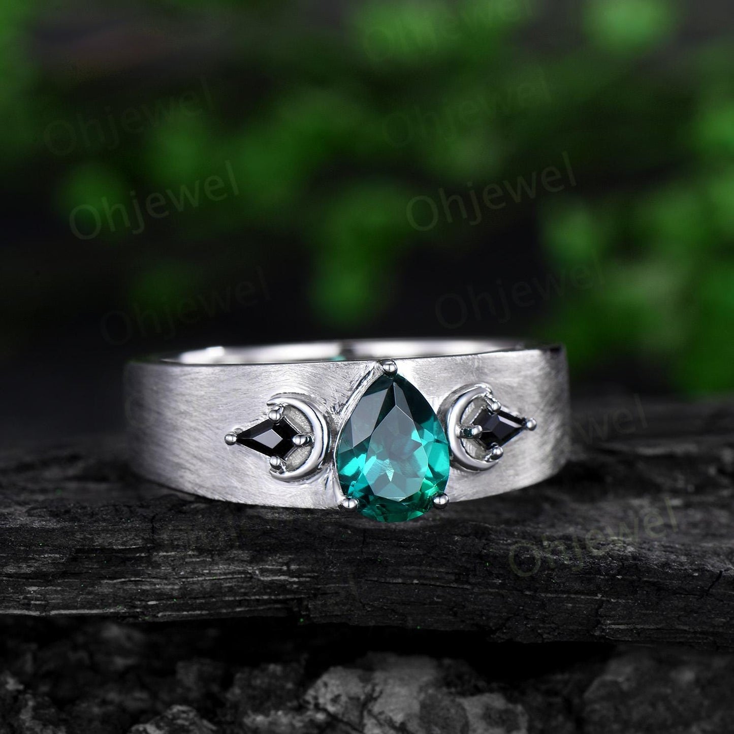 Pear emerald mens wedding band three stone moon kite black spinel mens wedding ring solid 14k white gold anniversary gift for husband