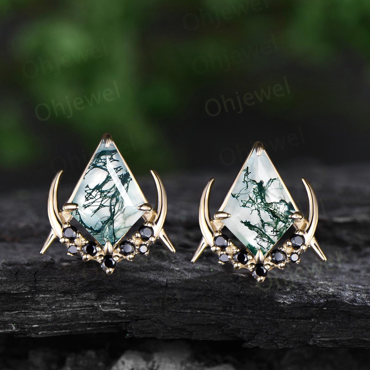 Vintage kite cut moss agate earrings solid 14k 18k rose gold unique moon cluster black spinel stud earrings women wedding anniversary gift