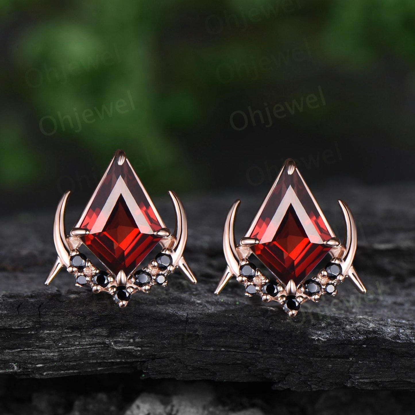 Vintage kite cut red garnet earrings solid 14k 18k rose gold unique moon cluster black spinel stud earrings women bridal anniversary gift