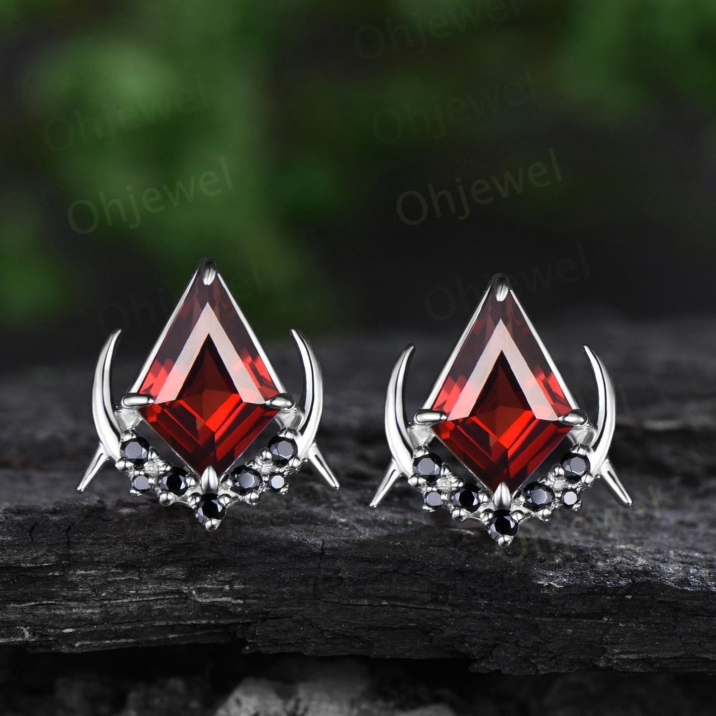 Vintage kite cut red garnet earrings solid 14k 18k rose gold unique moon cluster black spinel stud earrings women bridal anniversary gift