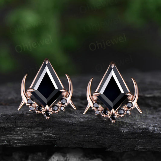 Vintage kite cut black onyx earrings solid 14k 18k rose gold unique moon cluster black spinel stud earrings women wedding anniversary gift