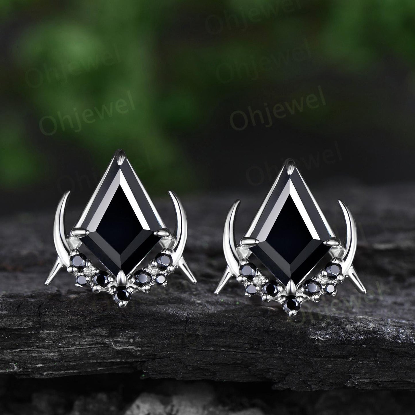 Vintage kite cut black onyx earrings solid 14k 18k rose gold unique moon cluster black spinel stud earrings women wedding anniversary gift