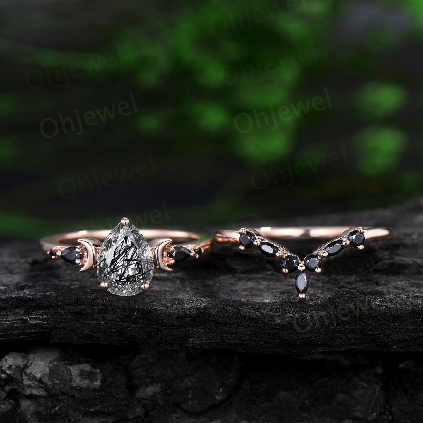 Pear black rutilated quartz engagement ring set 14k rose gold marquise black spinel moon five stone stacking wedding ring set women gemstone