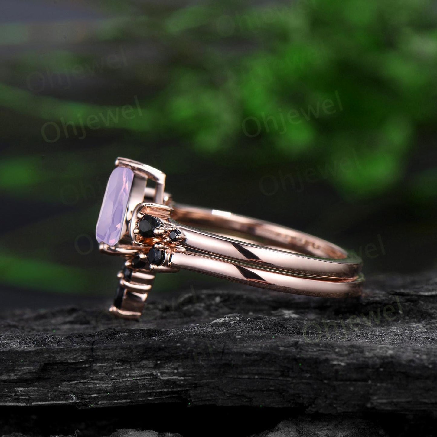 Oval cut Lavender Amethyst moon engagement ring vintage marquise black spinel 14k rose gold unique anniversary gift 925 sterling silver