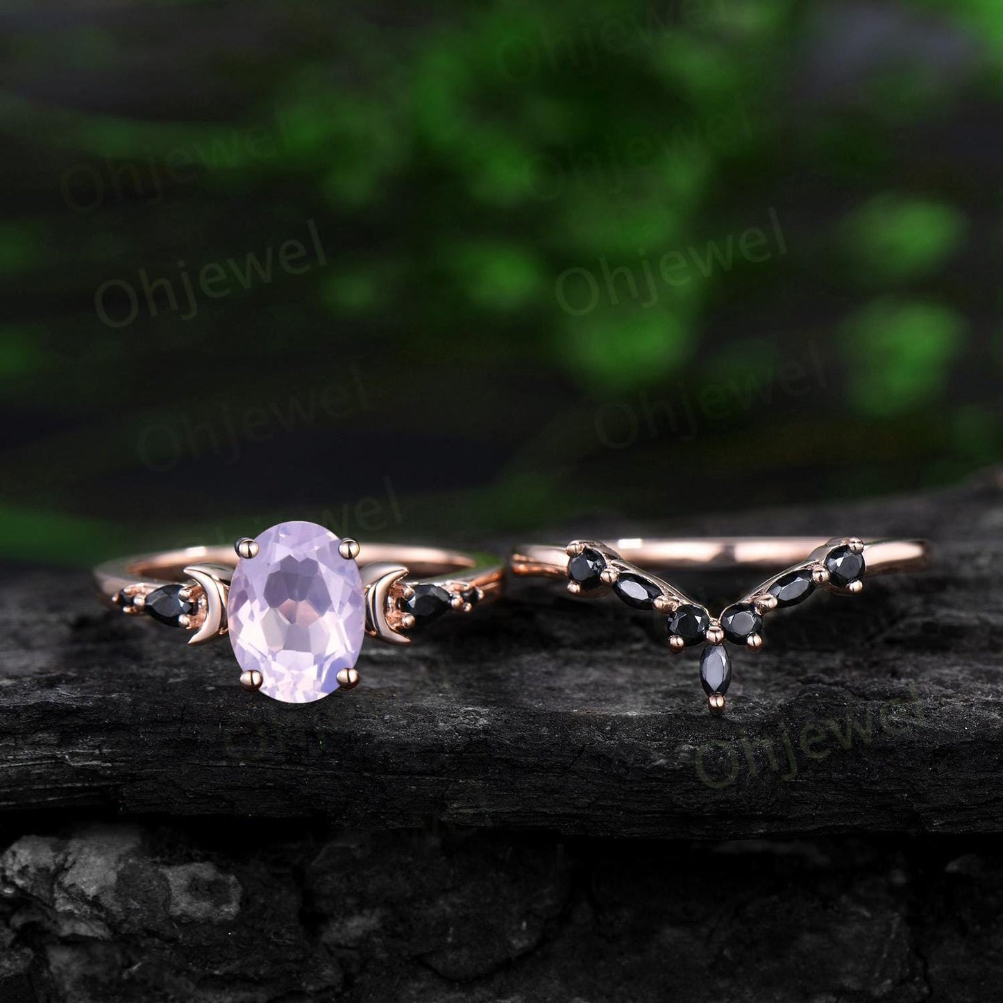 Oval cut Lavender Amethyst moon engagement ring vintage marquise black spinel 14k rose gold unique anniversary gift 925 sterling silver
