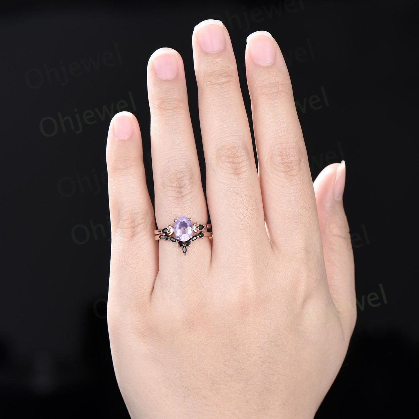 Oval cut Lavender Amethyst moon engagement ring vintage marquise black spinel 14k rose gold unique anniversary gift 925 sterling silver