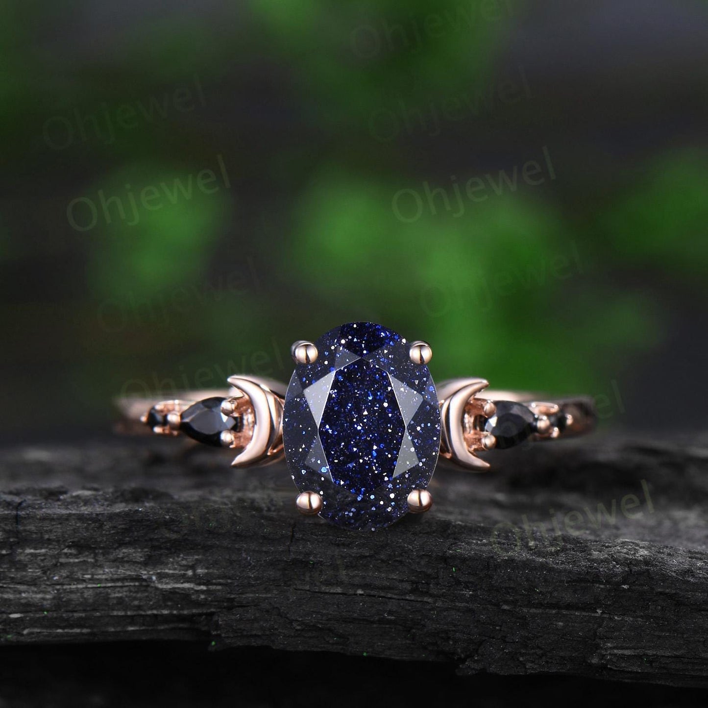 Oval cut blue sandstone ring vintage rose gold blue goldstone moon engagement ring set marquise black spinel anniversary gift