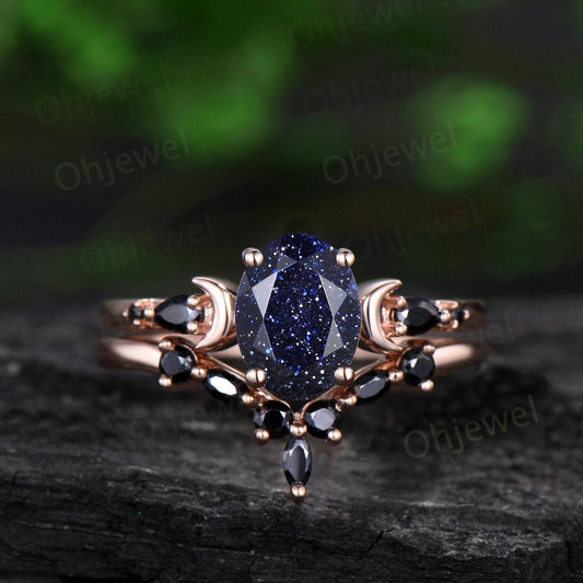 Oval cut blue sandstone ring vintage rose gold blue goldstone moon engagement ring set marquise black spinel anniversary gift