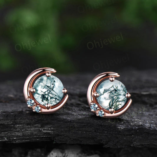 1ct round cut natural moss agate moon earrings solid 9k 14k rose gold dainty three stone stud earrings women anniversary gift
