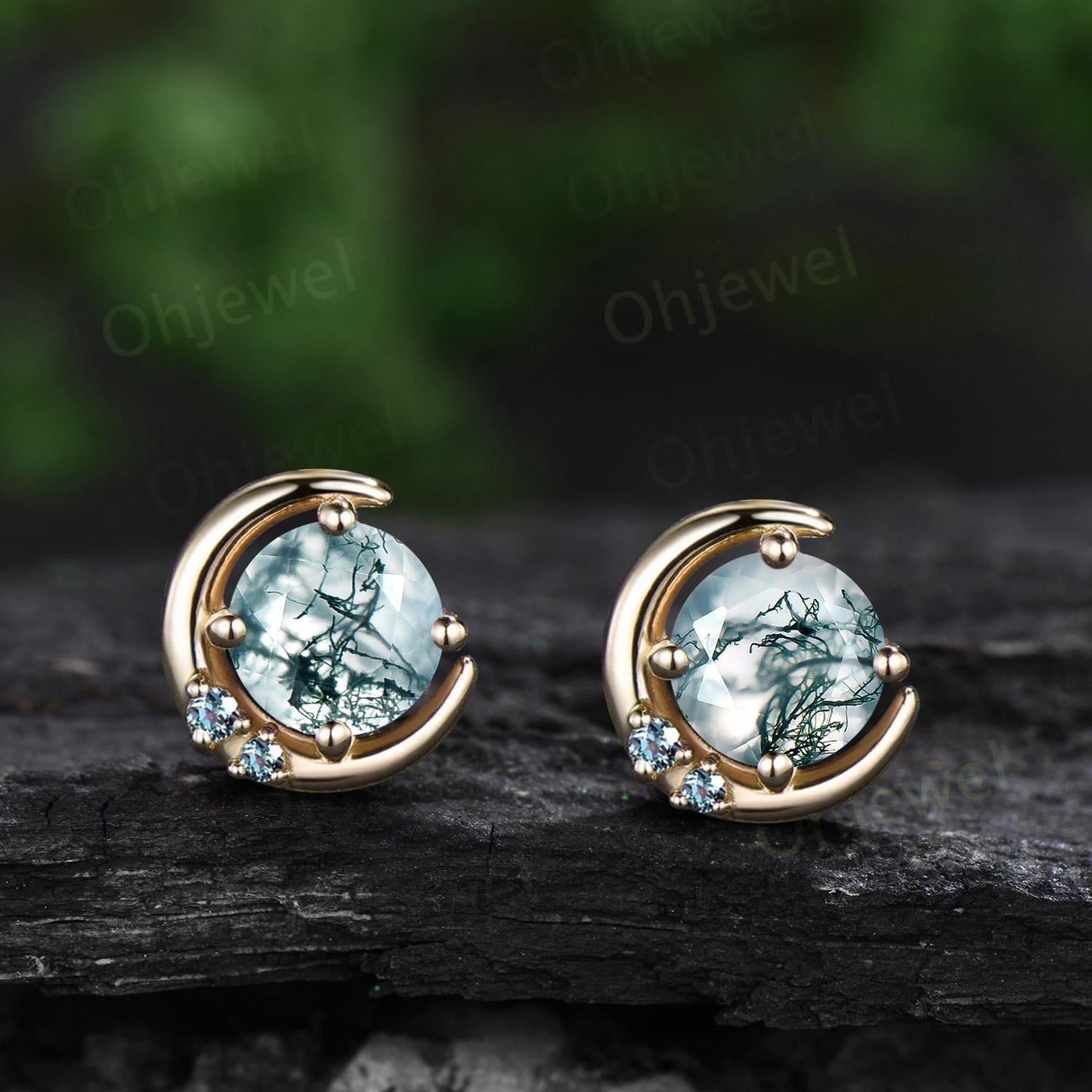 1ct round cut natural moss agate moon earrings solid 9k 14k rose gold dainty three stone stud earrings women anniversary gift