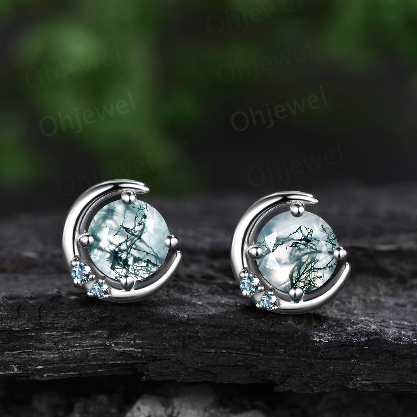 1ct round cut natural moss agate moon earrings solid 9k 14k rose gold dainty three stone stud earrings women anniversary gift