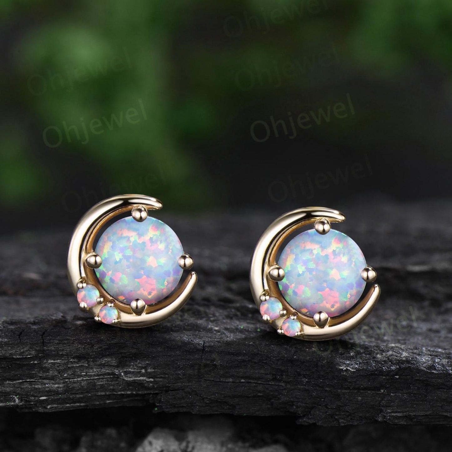 Round white opal moon earrings solid 9k 14k rose gold dainty three stone stud earrings women anniversary gift gemstone