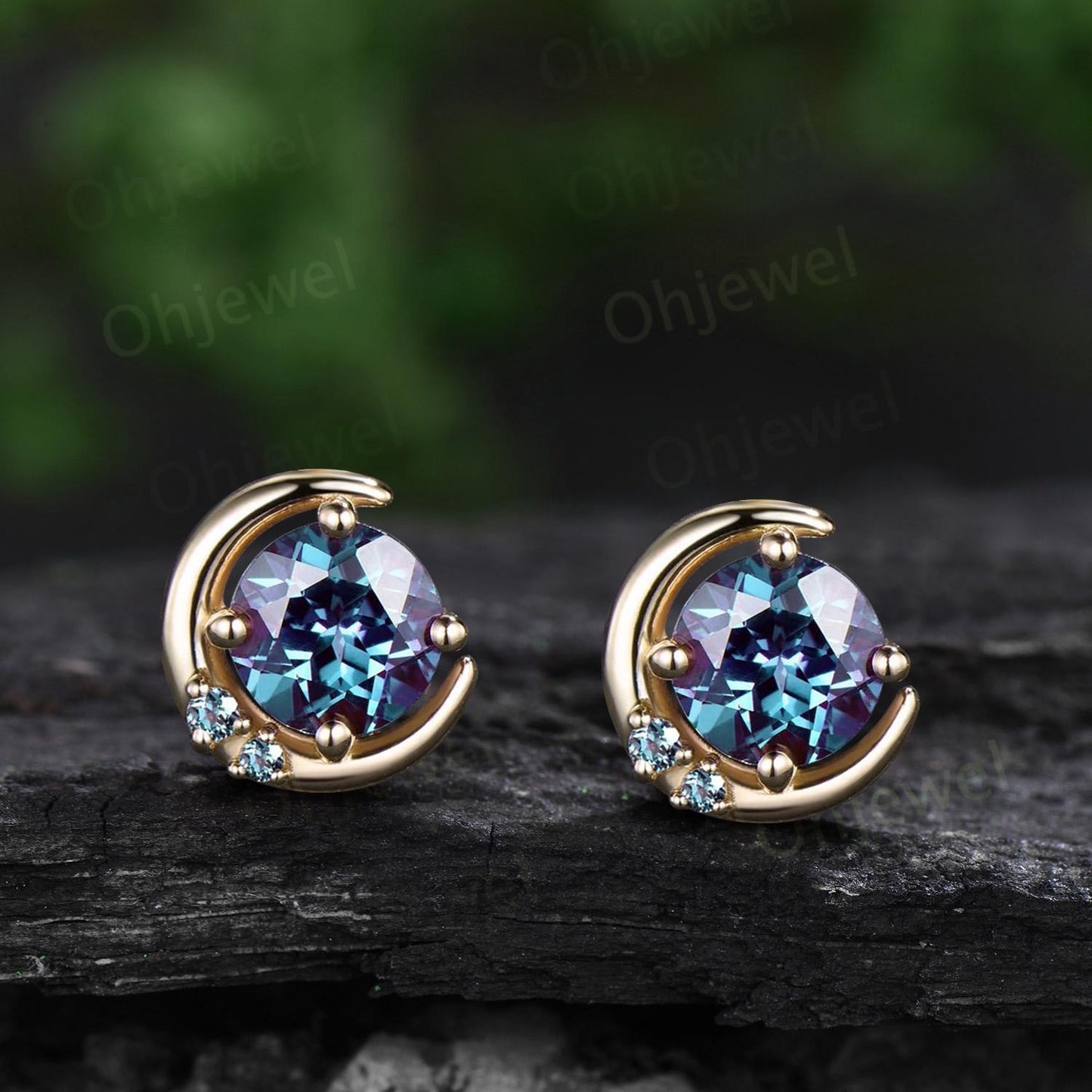 1ct round cut alexandrite moon earrings solid 9k 14k rose gold dainty three stone stud earrings women anniversary gift color change gemstone