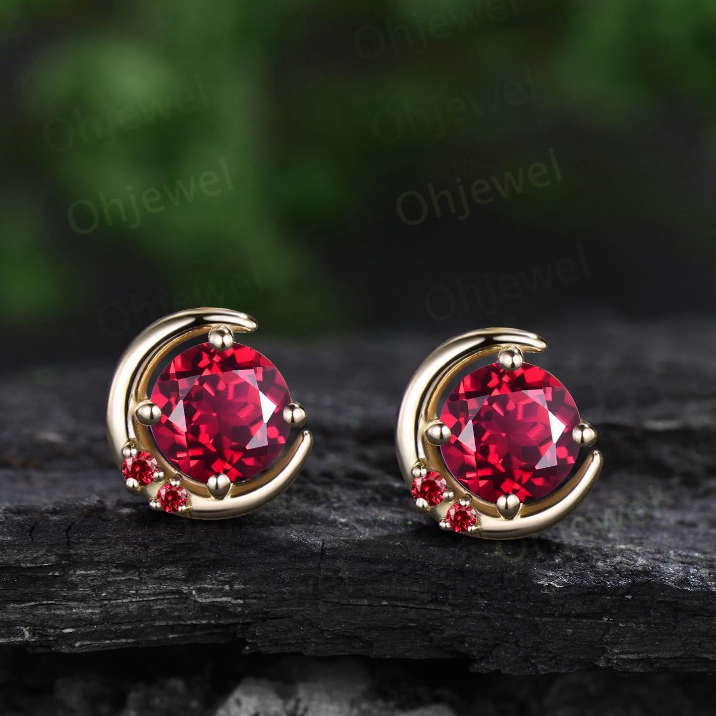 Round cut red ruby moon earrings solid 9k 14k rose gold dainty three stone stud earrings women anniversary gift gemstone