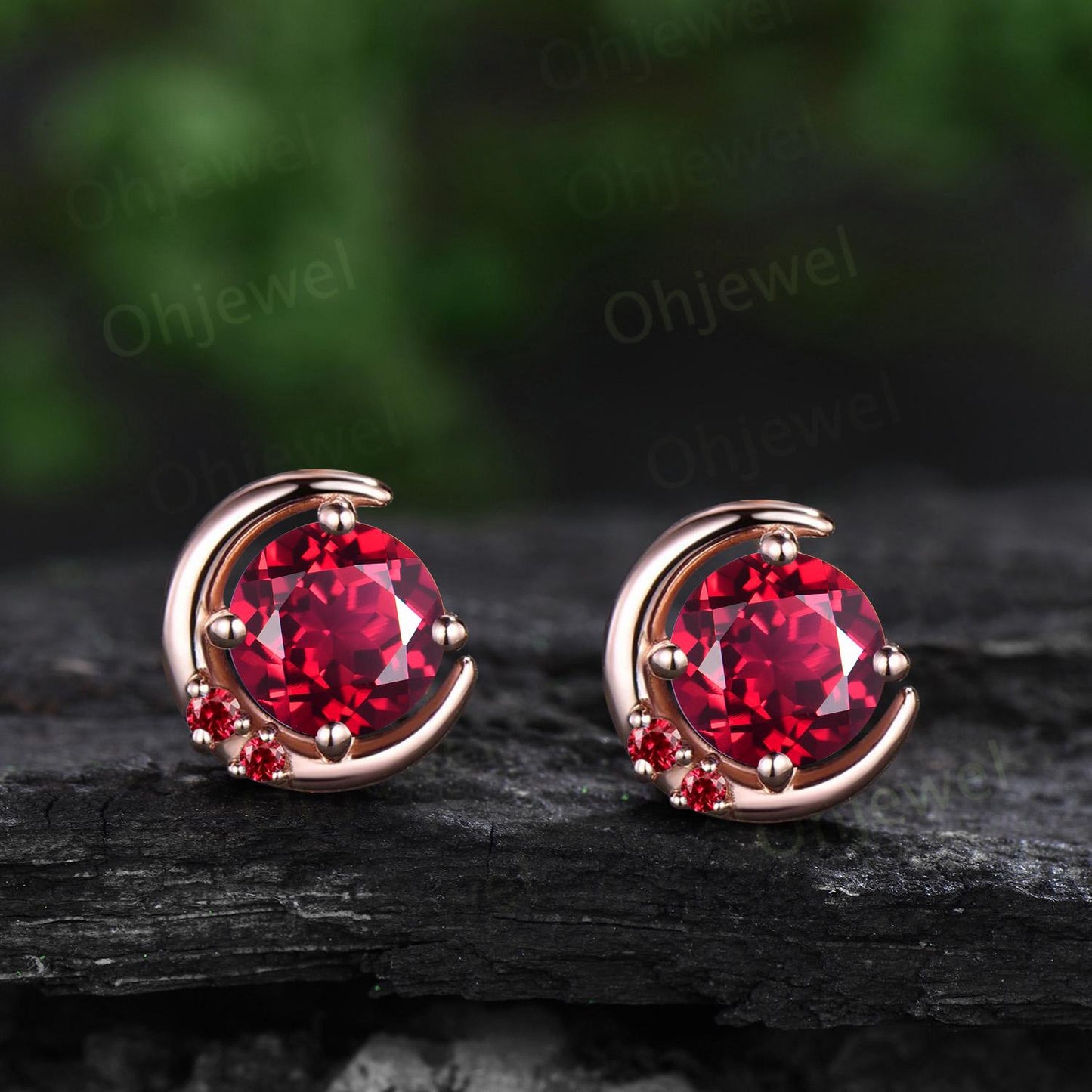 Round cut red ruby moon earrings solid 9k 14k rose gold dainty three stone stud earrings women anniversary gift gemstone