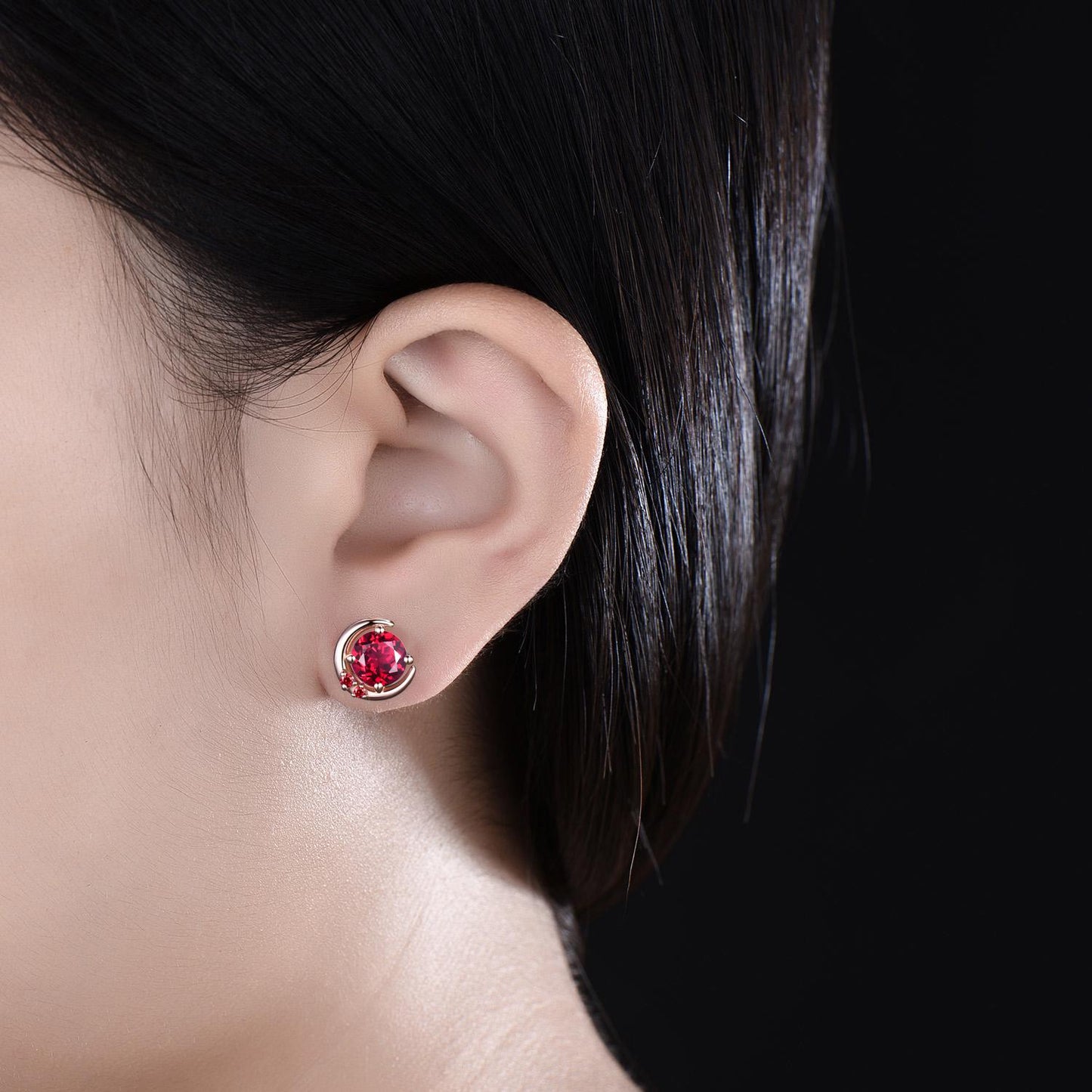 Round cut red ruby moon earrings solid 9k 14k rose gold dainty three stone stud earrings women anniversary gift gemstone