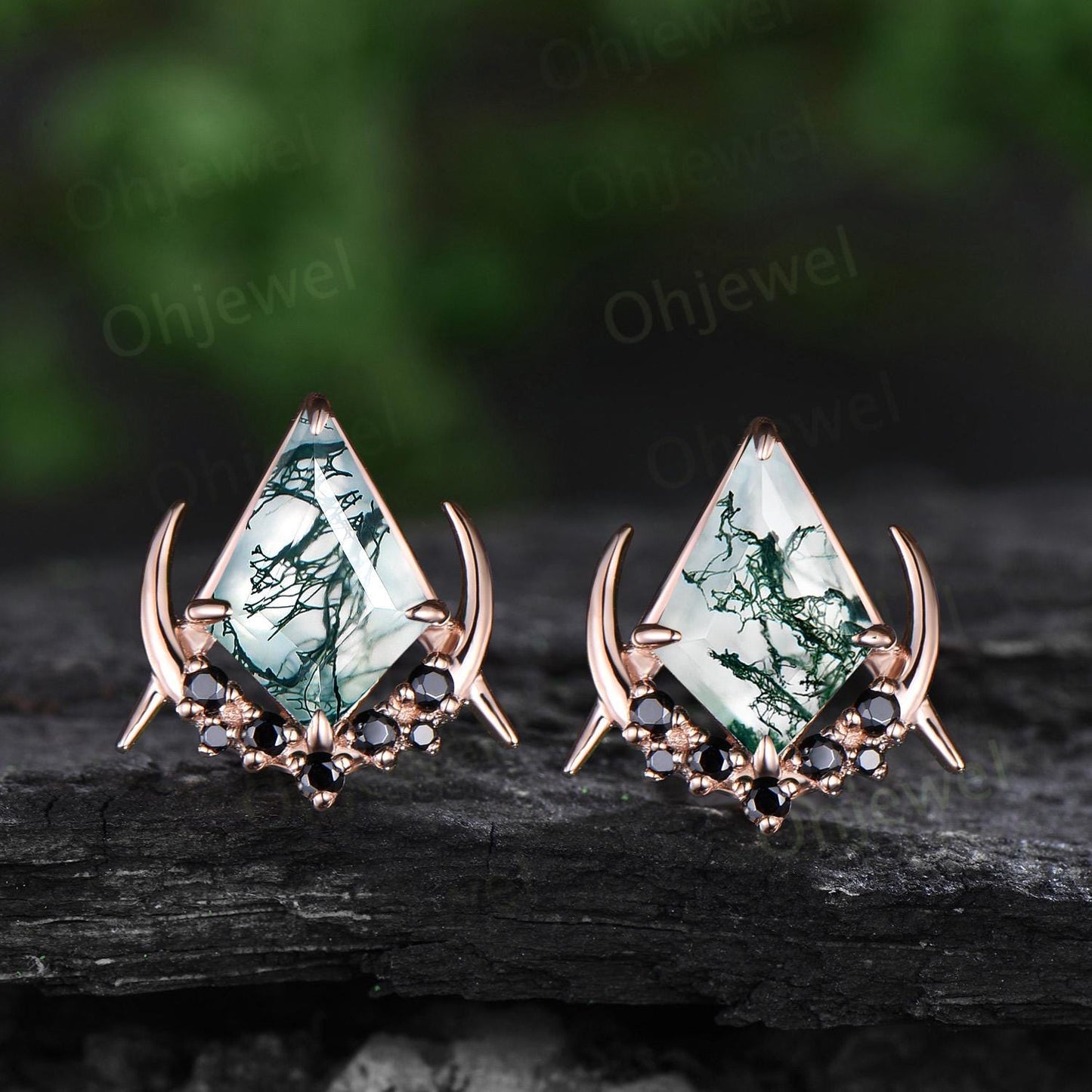 Vintage kite cut moss agate earrings solid 14k 18k rose gold unique moon cluster black spinel stud earrings women wedding anniversary gift