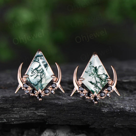 Vintage kite cut moss agate earrings solid 14k 18k rose gold unique moon cluster black spinel stud earrings women wedding anniversary gift