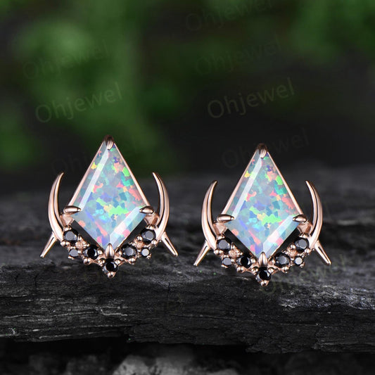 Vintage kite cut white opal earrings solid 14k 18k rose gold unique moon cluster black spinel stud earrings women wedding anniversary gift