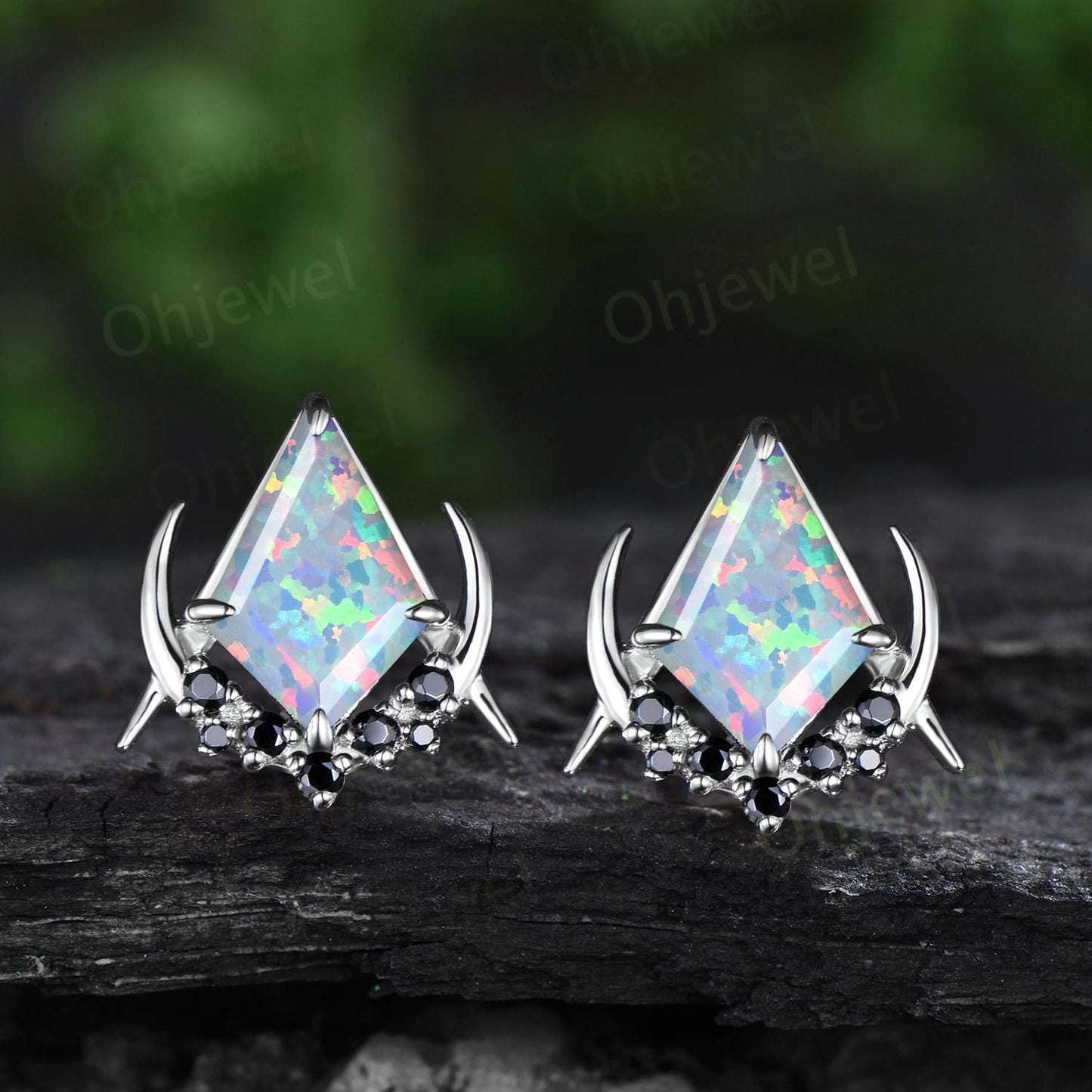 Vintage kite cut white opal earrings solid 14k 18k rose gold unique moon cluster black spinel stud earrings women wedding anniversary gift