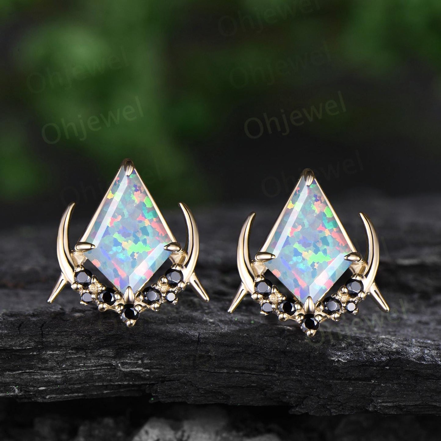 Vintage kite cut white opal earrings solid 14k 18k rose gold unique moon cluster black spinel stud earrings women wedding anniversary gift