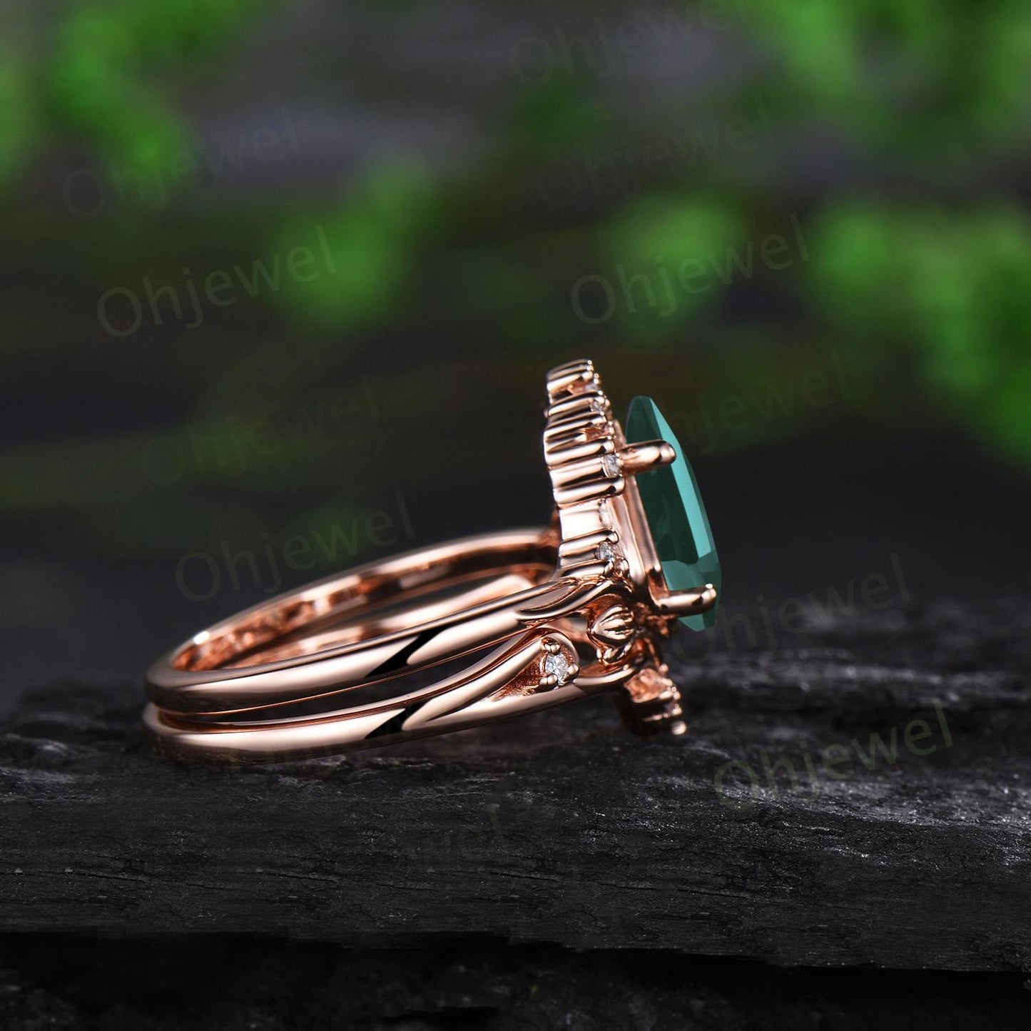 Kite cut emerald leaf engagement ring set stacking cluster nature inspired diamond promise wedding ring women 14k yellow gold gift