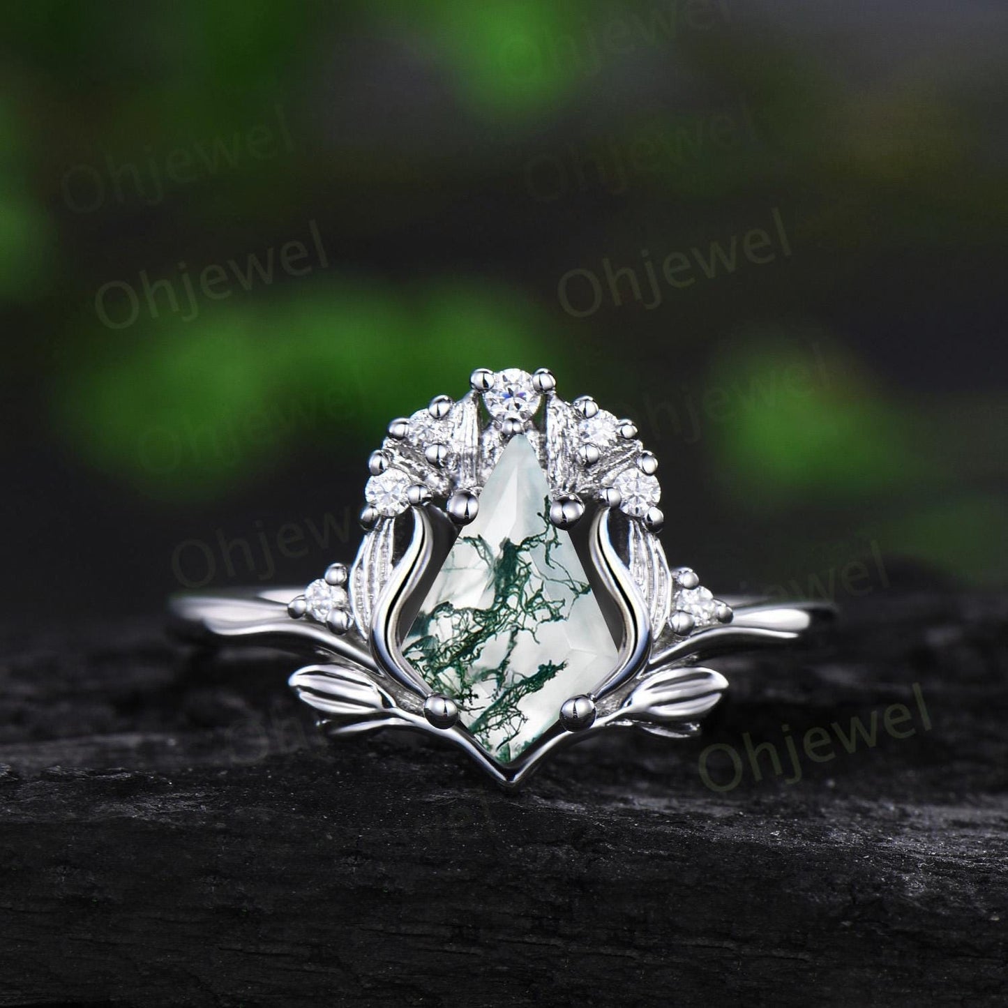 Leaf kite cut moss agate ring vintage 14k rose gold nature inspired engagement ring women diamond unique promise bridal ring set jewelry