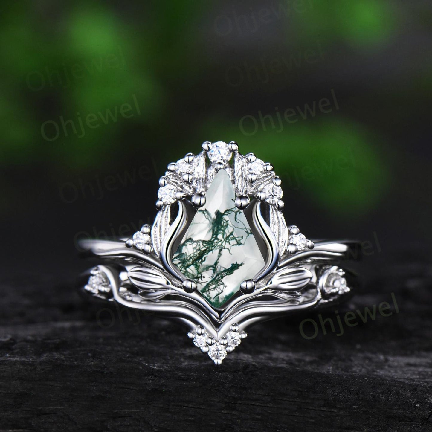 Leaf kite cut moss agate ring vintage 14k rose gold nature inspired engagement ring women diamond unique promise bridal ring set jewelry