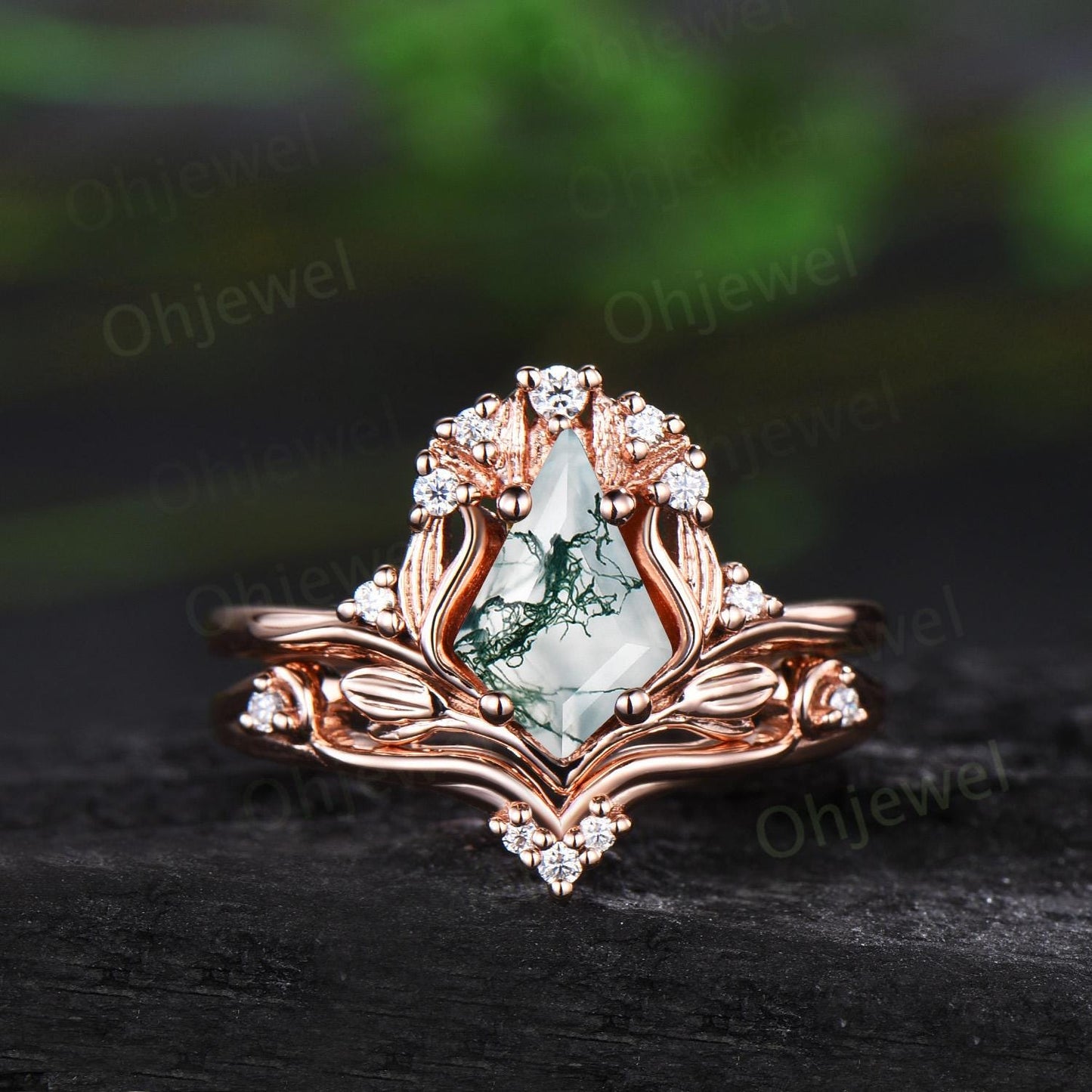 Leaf kite cut moss agate ring vintage 14k rose gold nature inspired engagement ring women diamond unique promise bridal ring set jewelry