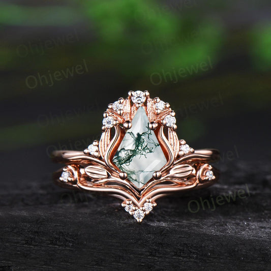 Leaf kite cut moss agate ring vintage 14k rose gold nature inspired engagement ring women diamond unique promise bridal ring set jewelry