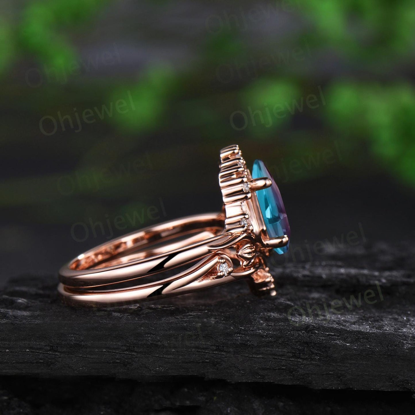 Leaf kite cut alexandrite ring vintage 14k rose gold nature inspired engagement ring women stacking diamond unique bridal ring set jewelry