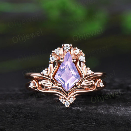 Vintage kite cut Lavender Amethyst engagement ring set solid 14k rose gold leaf cluster diamond anniversary gift crystal ring women