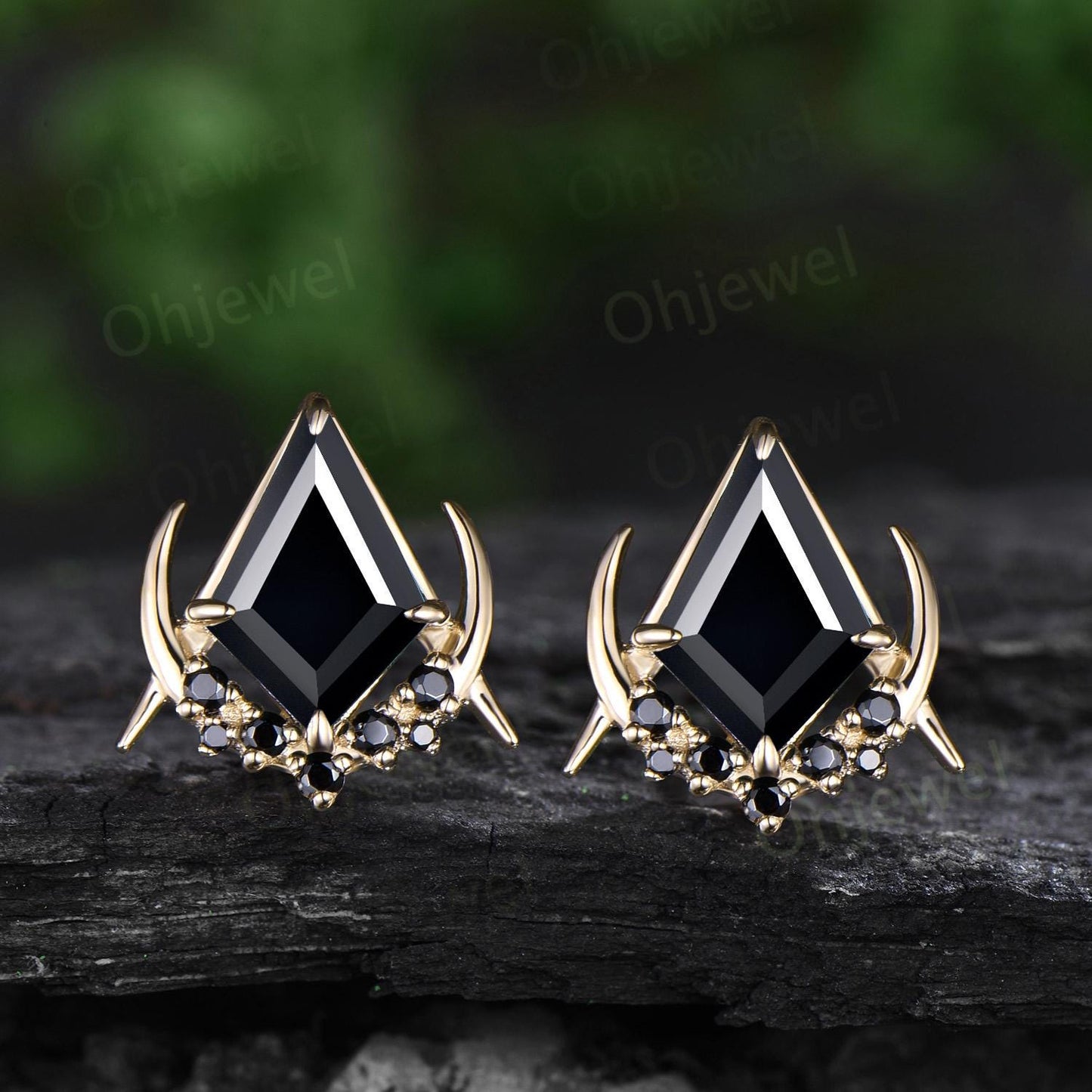 Vintage kite cut black onyx earrings solid 14k 18k rose gold unique moon cluster black spinel stud earrings women wedding anniversary gift