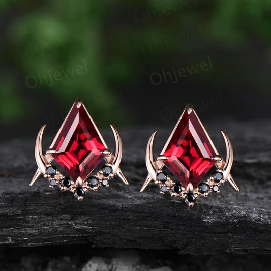 Vintage kite cut red ruby earrings solid 14k 18k rose gold unique moon cluster black spinel stud earrings women gemstone anniversary gift