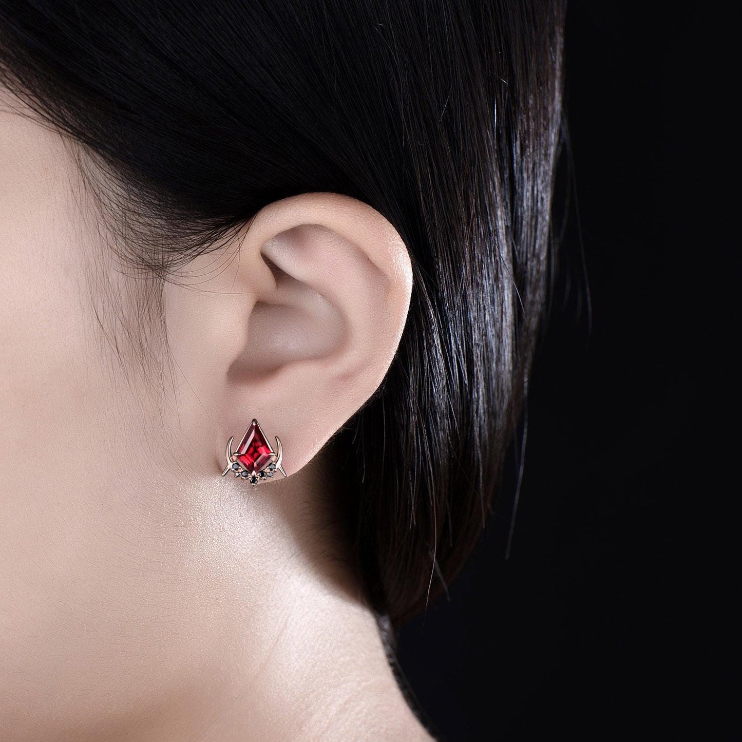 Vintage kite cut red ruby earrings solid 14k 18k rose gold unique moon cluster black spinel stud earrings women gemstone anniversary gift