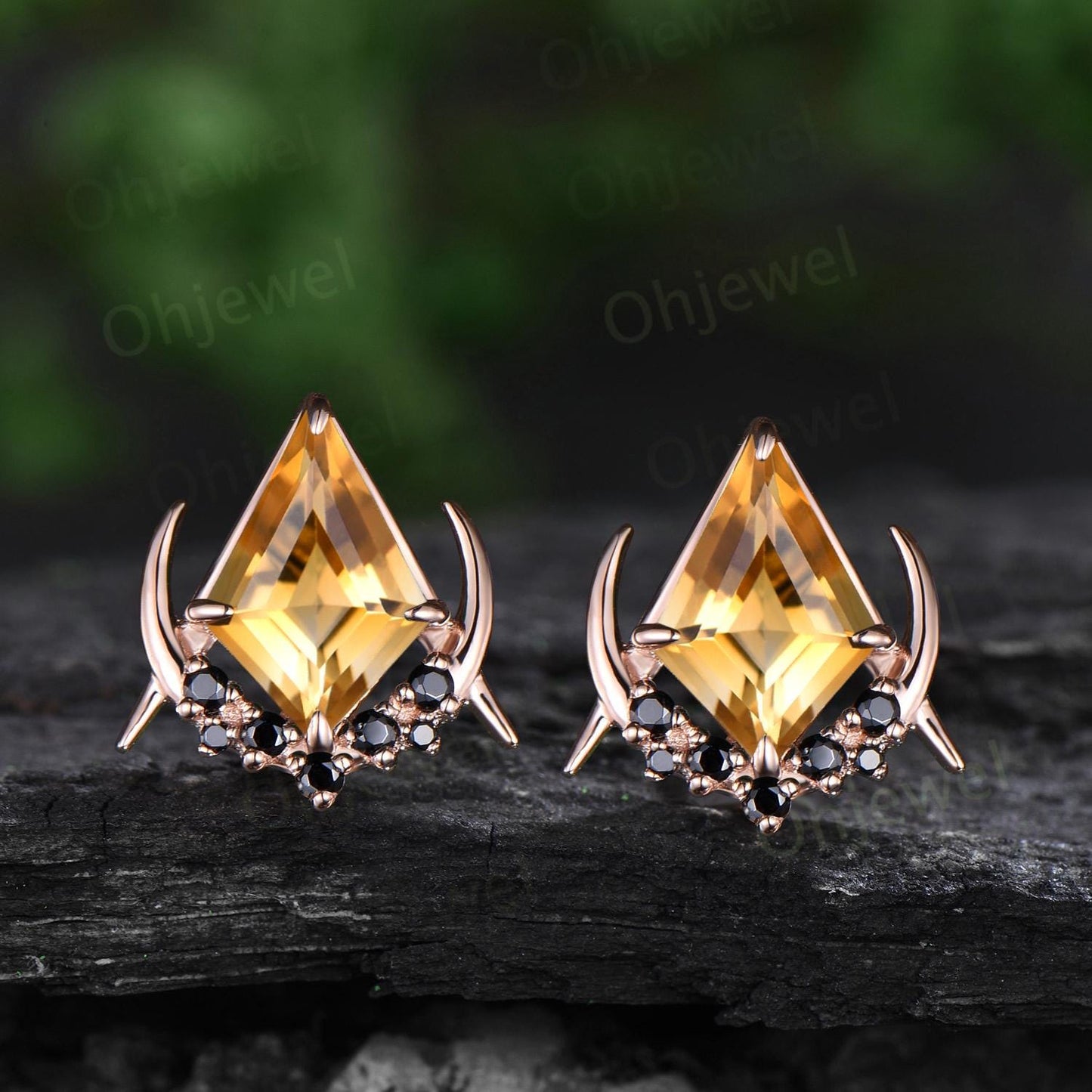 Kite cut yellow citrine moon earrings retro cluster snowdrift black spinel stud earrings women crystal gemstone anniversary gift