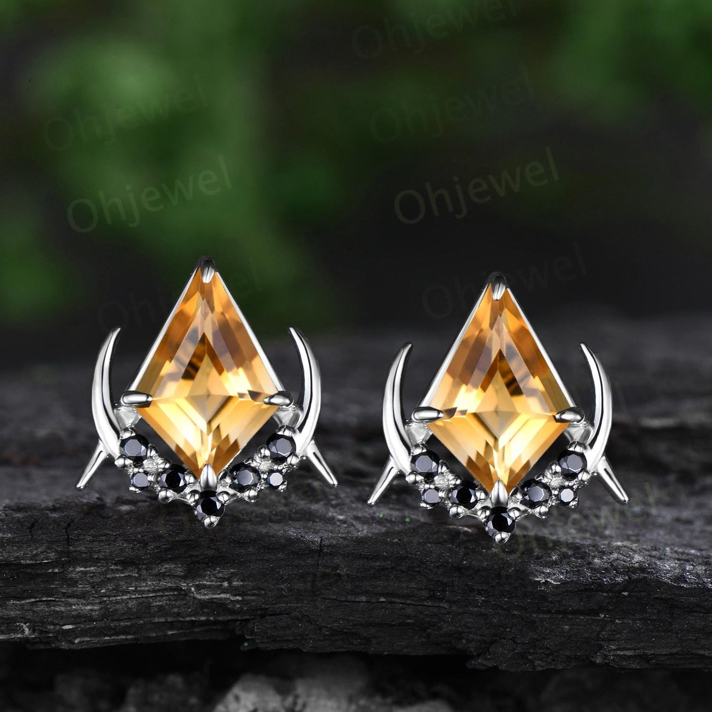 Kite cut yellow citrine moon earrings retro cluster snowdrift black spinel stud earrings women crystal gemstone anniversary gift