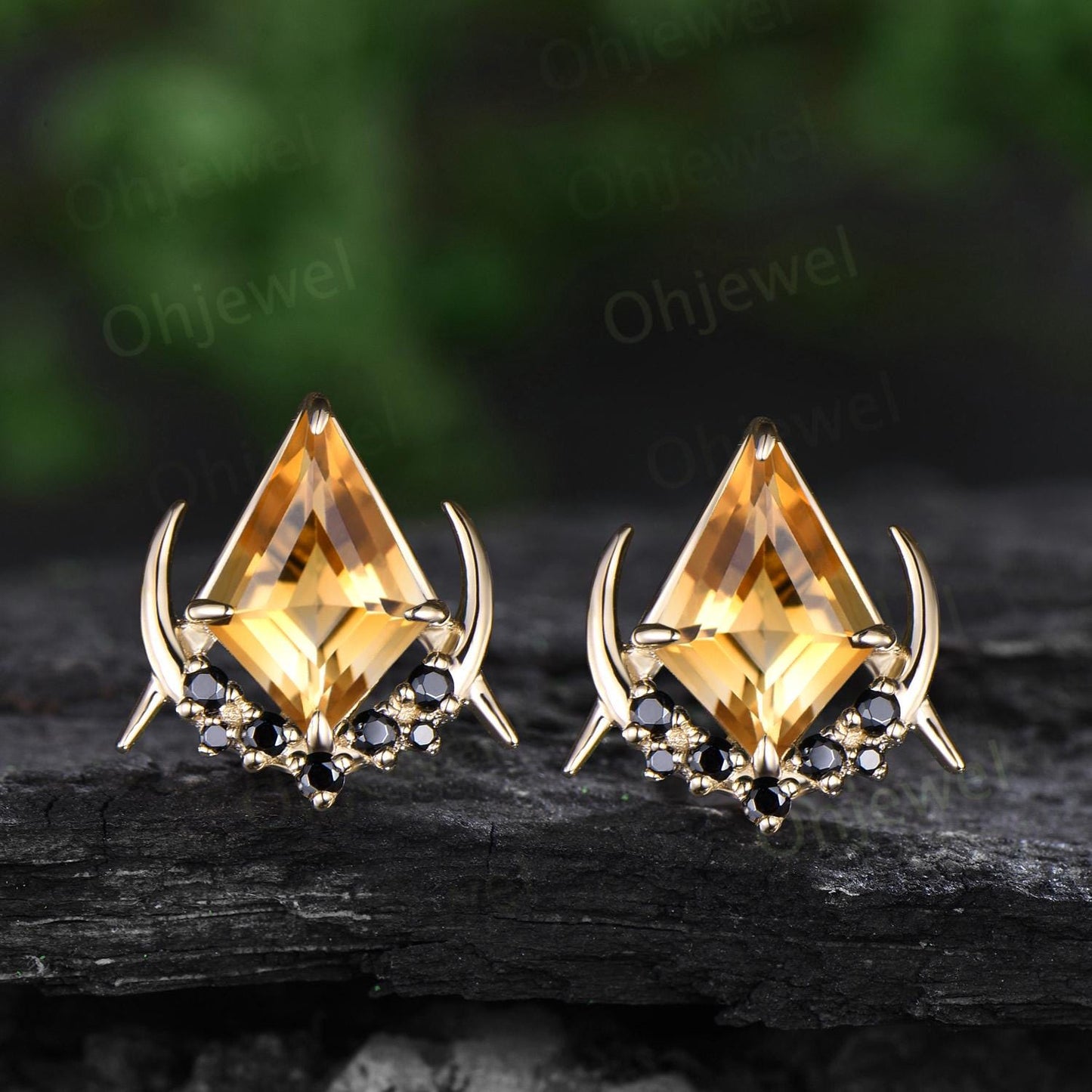 Kite cut yellow citrine moon earrings retro cluster snowdrift black spinel stud earrings women crystal gemstone anniversary gift