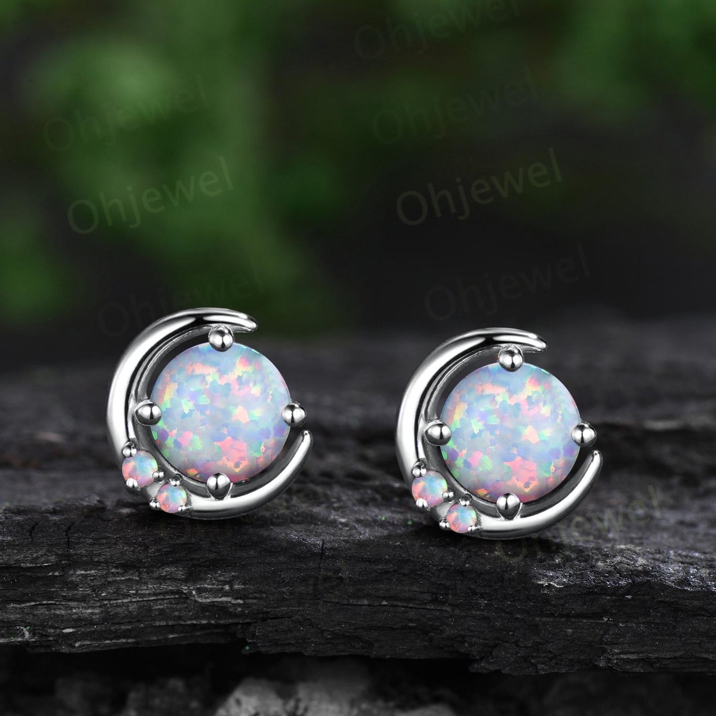 Round white opal moon earrings solid 9k 14k rose gold dainty three stone stud earrings women anniversary gift gemstone