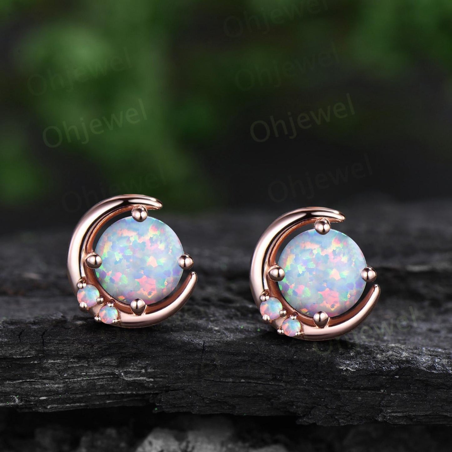 Round white opal moon earrings solid 9k 14k rose gold dainty three stone stud earrings women anniversary gift gemstone