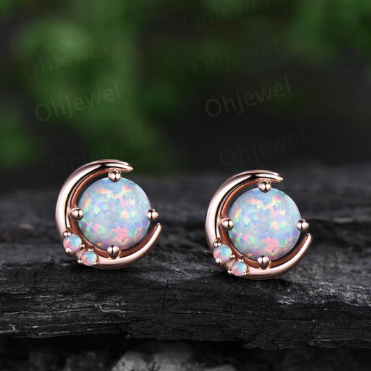 Round white opal moon earrings solid 9k 14k rose gold dainty three stone stud earrings women anniversary gift gemstone