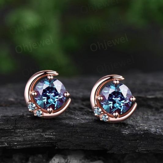 1ct round cut alexandrite moon earrings solid 9k 14k rose gold dainty three stone stud earrings women anniversary gift color change gemstone