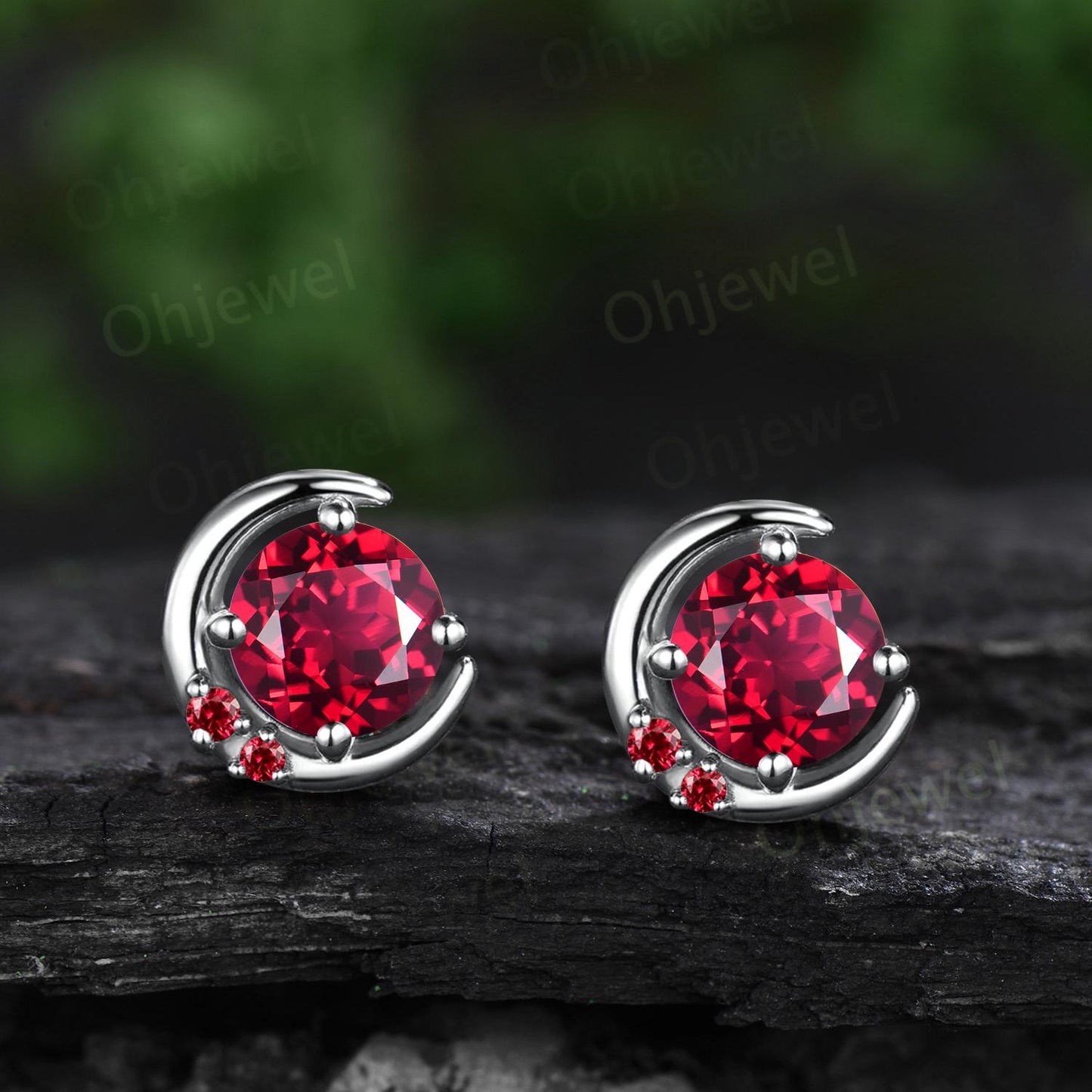 Round cut red ruby moon earrings solid 9k 14k rose gold dainty three stone stud earrings women anniversary gift gemstone