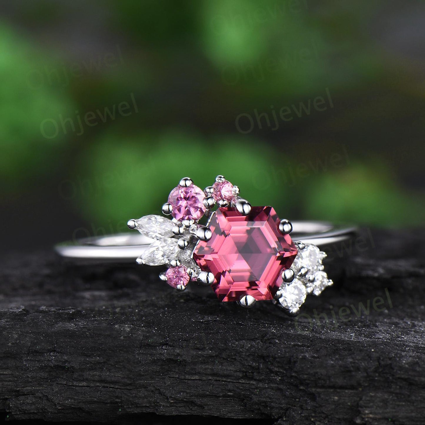 Hexagon cut Pink Tourmaline engagement ring set cluster diamond promise bridal ring set women jewelry 14k white gold