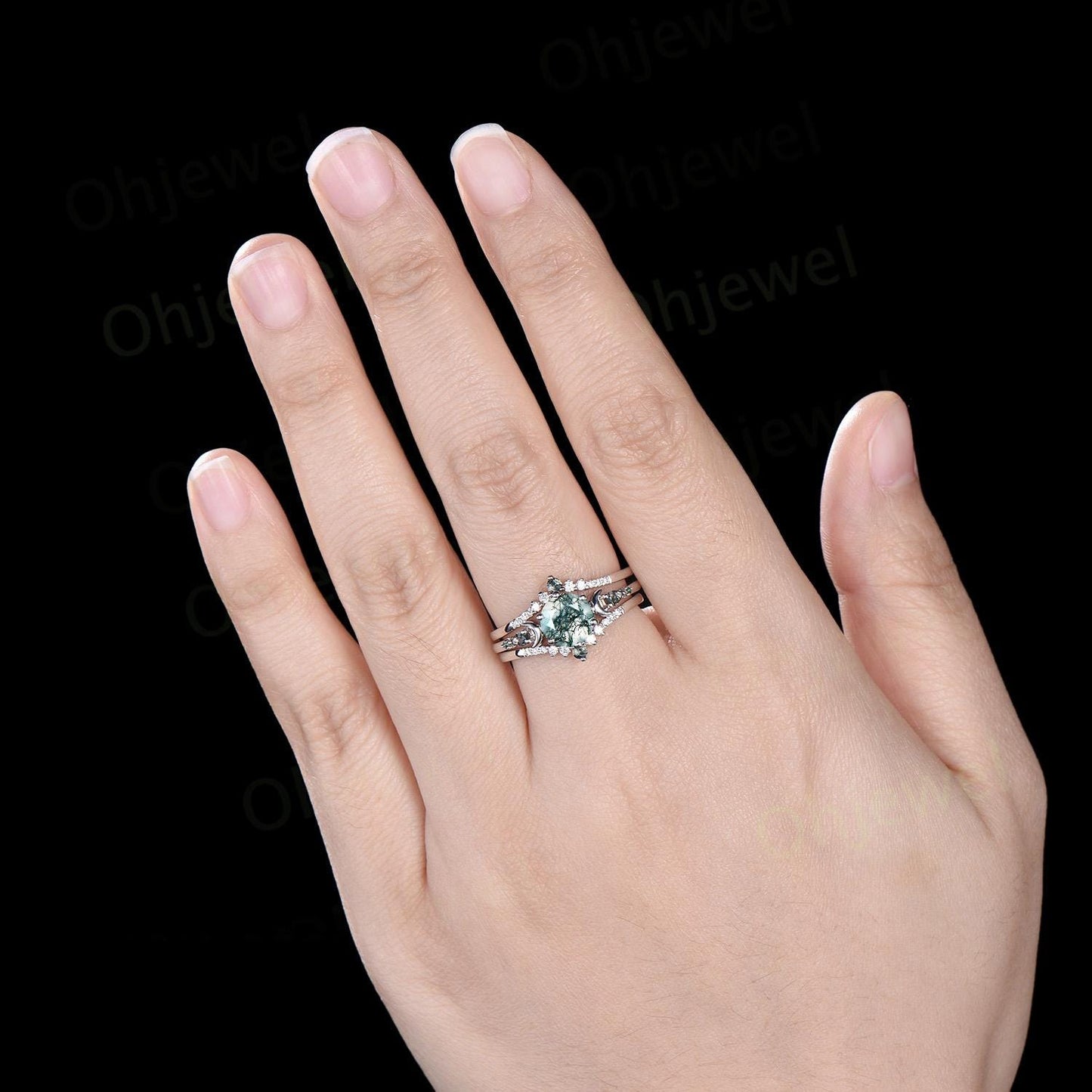 Round cut natural moss agate ring 14k white gold five stone moon unique engagement ring emerald promise ring set women anniversary gift