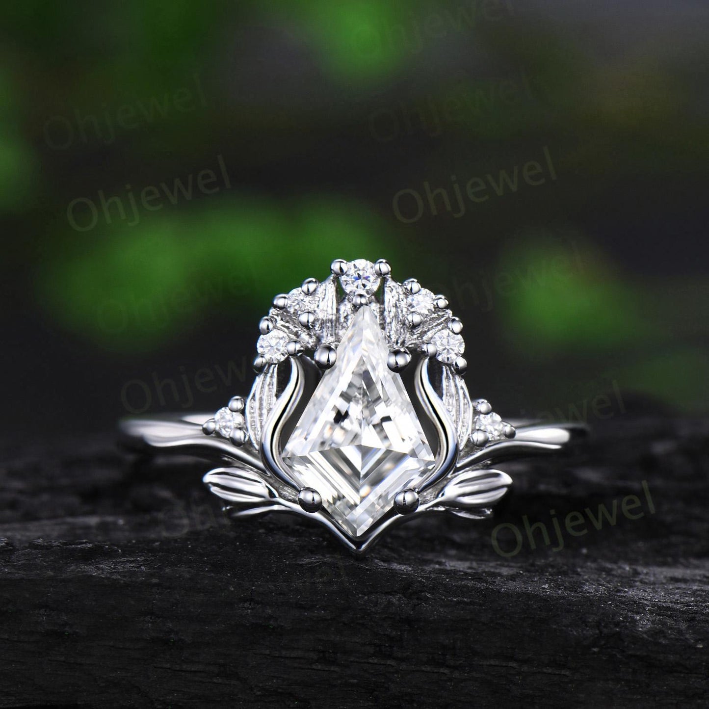 Kite cut moissanite leaf engagement ring set stacking cluster nature inspired diamond promise wedding ring women 14k rose gold gift